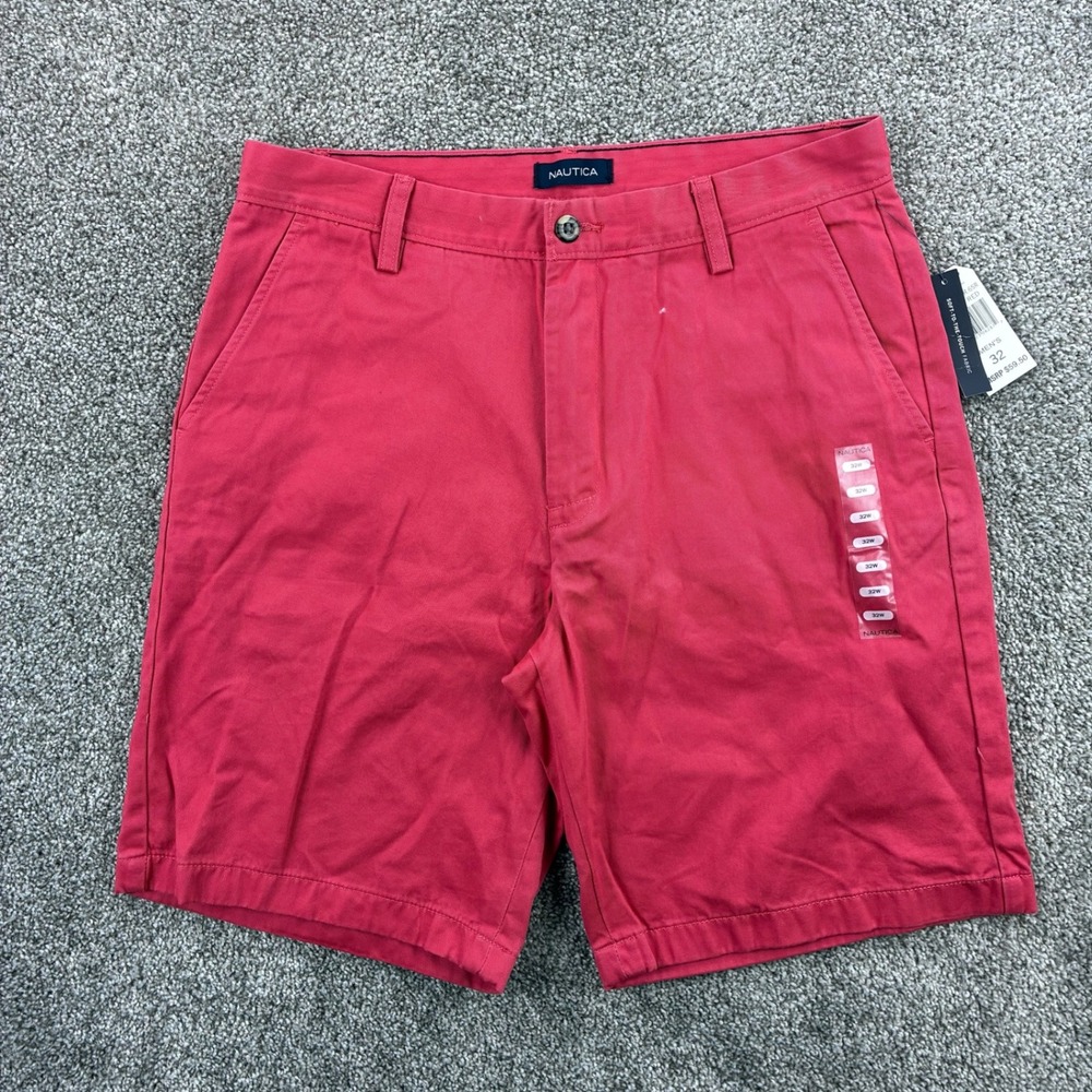 NWT Nautica Shorts Mens 32 Red Soft Touch Chino Flat Front Deck Dock Shorts